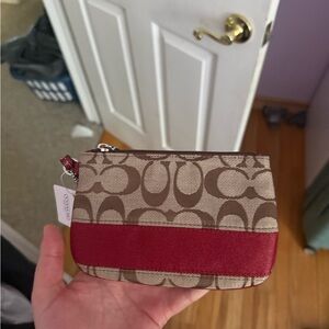 Coach Beige and Brown Signature Wristlet with Wine Stripe